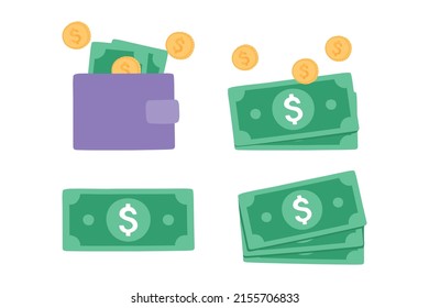 Money dollar set with flat color, dollar bill symbol. Money wallet with green paper dollars and gold coins.