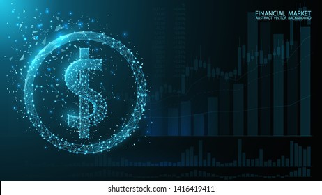 Money Dollar Sign. Polygonal Icon. Currency. Exchange Trades. Low Poly Image. Dark Blue Futuristic Background. Glow Effects, Flickering Particles, Dust. Online Banking And Financial.