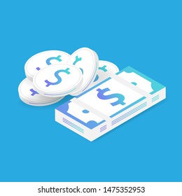 Money dollar stack coin and banknote isolated on background. Vector illustration in isometric style. 