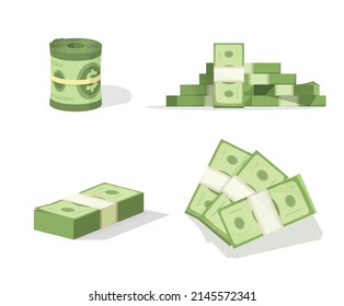 Money dollar stack vector set with cash bunch roll and paper currency heap clipart isolated on white background flat cartoon illustration, american us bankroll green 3d, top view and isometric - Shutterstock ID 2145572341