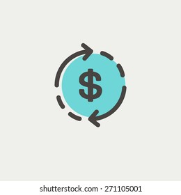 Money dollar symbol with arrow icon thin line for web and mobile, modern minimalistic flat design. Vector icon with dark grey outline and offset colour on light grey background.