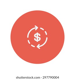 Money Dollar Symbol mit Pfeil dünnen Linie Symbol für Web und Mobile minimalistisches flaches Design. Vektorweißes Symbol im roten Kreis.