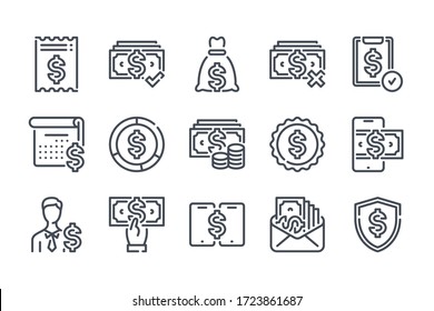 Juego de iconos de línea de vectores de dinero y dólares. Iconos de esquema de pago y efectivo.