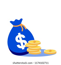 Money dollars bag with lot of bundle of dollar gold coin. Wealth, financial success. Flat vector business illustrationflat design vector template. Flat design of dollars, currency, finance