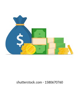 Money Dollars Banknotes. Cash. A money bag and a stack of gold coins. Flat style. Stock vector illustration isolated on white background.10 eps.