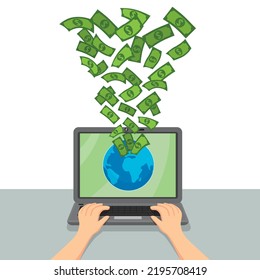 Money dollars come out of computer laptop monitor,  internet money concept, illustrator vector cartoon drawing