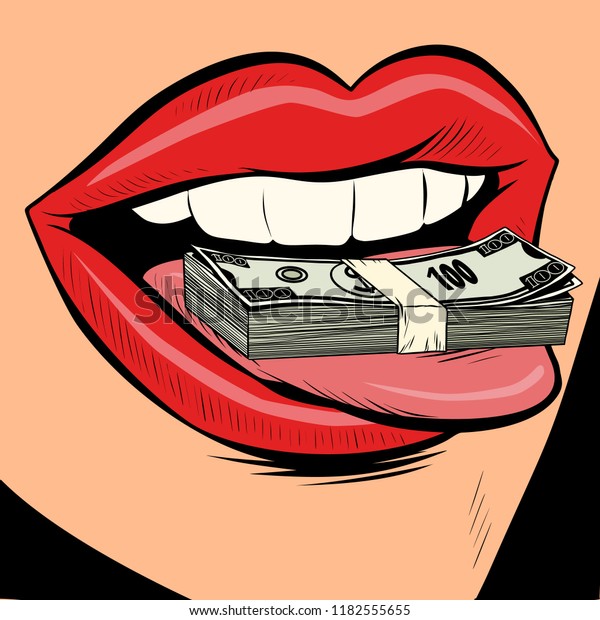 お金が女性の口に入る レトロなベクターイラストを描いた漫画のポップアート のベクター画像素材 ロイヤリティフリー