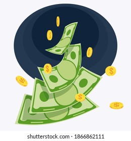 Money, dollars fly into a black hole. Economic crisis. Waste and ruin. Poverty and misery. Bankruptcy, collapse and defeat. Falling economy. Flat vector cartoon illustration.