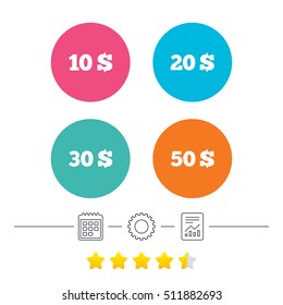 Money in Dollars icons. 10, 20, 30 and 50 USD symbols. Money signs Calendar, cogwheel and report linear icons. Star vote ranking. Vector