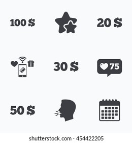 Money in Dollars icons. 100, 20, 30 and 50 USD symbols. Money signs Flat talking head, calendar icons. Stars, like counter icons. Vector