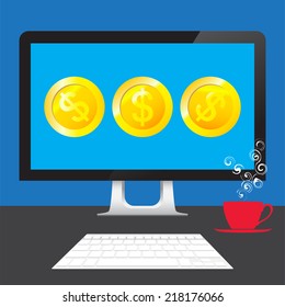 Money Dollars online from desktop computer on table with coffee cup
