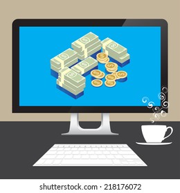 Money Dollars online from desktop computer on table with coffee