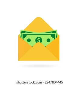 Money dollars in a yellow envelope. Sending money by mail, sending money online. Isolation icon on white background. notification of receipt of money. A financial gift. Cash icon. Vector illustration