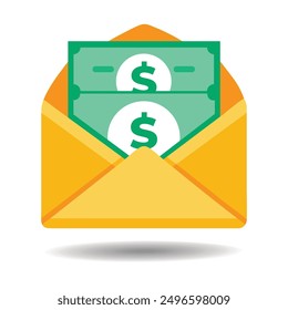 Money dollars in a yellow envelope. Sending money by mail, sending money online. Isolation icon on white background. notification of receipt of money. A financial gift. Cash icon.