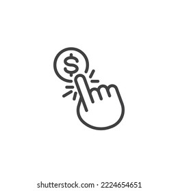 Dinero donar icono de línea. signo de estilo lineal para concepto móvil y diseño web. Haga clic con la mano en el icono vector de esquema de moneda en dólares. Símbolo, ilustración del logotipo. Gráficos vectoriales