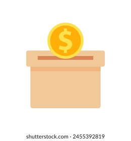 Money donation box icon. Charity, care, support, volunteer, investment concept. Flat vector design isolated illustration on white background.