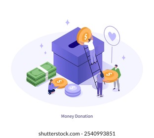 Donación de dinero, caridad, Plantilla de infografía de Asistencia financiera. Voluntarios recolectando, poniendo monedas, billetes, efectivo en caja. Ilustración vectorial isométrica 