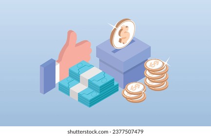 Money donation concept.on blue background.3D design.isometric vector design Illustration.