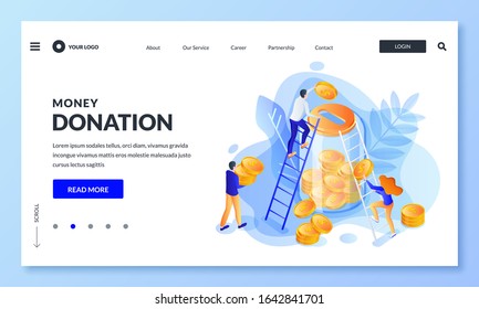 Money donation concept. Vector 3d isometric illustration. People putting money to glass bank. Economy, deposit for retirement, charity or crowdfunding landing page, banner or poster design template.