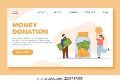 Money Donation Concept For Website With People Characters Donating Money For Charity Online, Flat Vector Illustration. Charitable Donations Online Campaign Web Banner.