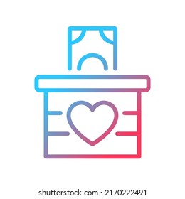 Icono de vector lineal de gradiente de donación de dinero. Contribuciones de beneficencia en efectivo. Regalo monetario. Beneficio generoso. Símbolo de color de línea delgada. Pictograma de estilo moderno. Dibujo de contorno aislado del vector
