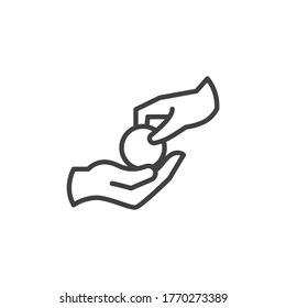 Money Donation Hand Line Icon. Linear Style Sign For Mobile Concept And Web Design. Hand Give Coin Outline Vector Icon. Symbol, Logo Illustration. Vector Graphics