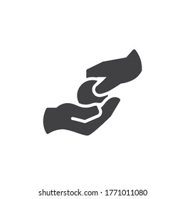 Geldspende Hand Vektorsymbol. volles Flachzeichen für mobiles Konzept und Webdesign. Gib das Symbol für die Münzmarkierung. Symbol, Logo-Abbildung. Vektorgrafik