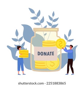 Money donation. Humanitarian aid, charity. People donating finance, money to organizations. Refugee help. Charitable help to nonprofit funds. Flat vector illustration. Jar with coins, tiny man, woman.