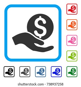 Money Donation icon. Flat gray pictogram symbol in a light blue rounded squared frame. Black, gray, green, blue, red, orange color variants of Money Donation vector.