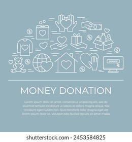 Money donation poster with place for the text. Fundraising, donation or charity event card template. Isolated vector illustration. 