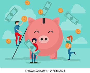 Money donation poster vector illustration. Small hardworking volunteers throwing big golden coins and banknotes to piggy bank flat style design. Help to needy and poor people concept