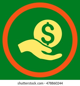 Money Donation vector bicolor rounded icon. Image style is a flat icon symbol inside a circle, orange and yellow colors, green background.