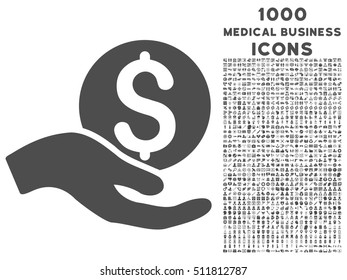 Money Donation vector icon with 1000 medical business icons. Set style is flat pictograms, gray color, white background.