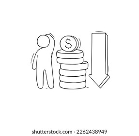 Money with down arrow. Doodle gold coins stacks with dollar sign and cute little man. Concept of cost graph, stocks price and rate changes, money loss, vector sketch illustration