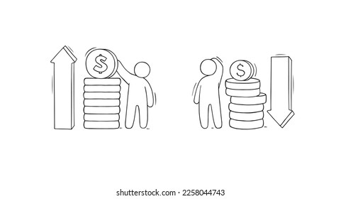 Money with up and down arrows. Doodle gold coins stacks with dollar sign and cute little man. Concept of cost graph, stocks price and rate changes, profit and money loss, vector sketch illustration