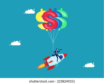 Geldgetragene Organisation. Raketen schwimmen mit Geldballons. Vektorgrafik