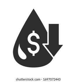 reducción de dinero flecha economía de crisis comercial, caída del precio del petróleo, ilustración del vector, icono del estilo de la silueta