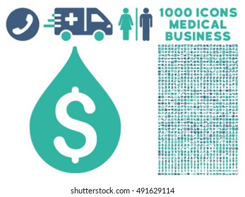 Money Drop icon with 1000 medical business cobalt and cyan vector pictograms. Design style is flat bicolor symbols, white background.