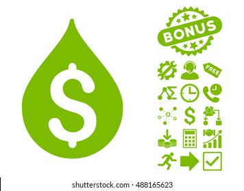 Money Drop pictograph with bonus pictogram. Vector illustration style is flat iconic symbols, eco green color, white background.