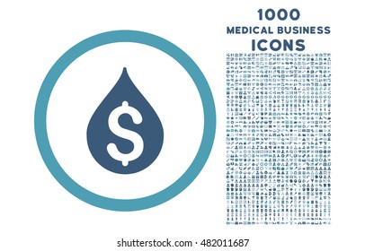 Money Drop rounded vector bicolor icon with 1000 medical business icons. Set style is flat pictograms, cyan and blue colors, white background.