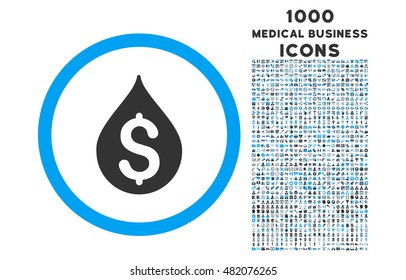 Money Drop rounded vector bicolor icon with 1000 medical business icons. Set style is flat pictograms, blue and gray colors, white background.