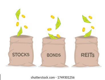 Money dropping into bags of financial investment portfolio of assets of stocks, bonds and REITs. Concept of funds allocation, diversification or investment. Vector illustration.