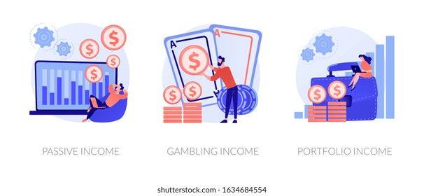 Money earning flat icons set. Business investment, profit increase, revenue growth. Passive income, gambling income, portfolio income metaphors. Vector isolated concept metaphor illustrations.