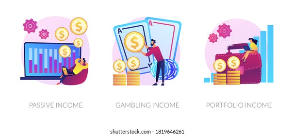 Money earning flat icons set. Business investment, profit increase, revenue growth. Passive income, gambling income, portfolio income metaphors. Vector isolated concept metaphor illustrations.