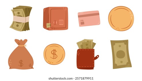 Money earnings and savings. Vector in flat style, isolated set of dollars and coins. Cashback and banking, deposit and credit card usage. Wallet or purse with banknote bills. Cash and currency