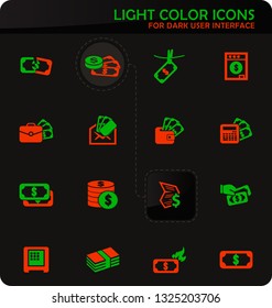 Money easy color vector icons on dark background for user interface design