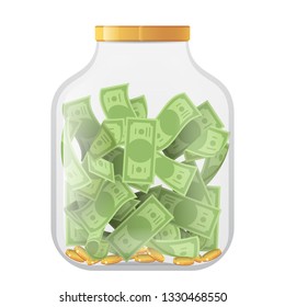 Money economy saving bank coin banknote deposit glass pot jar moneybox isolated on white mockup icon realistic 3d design vector illustration