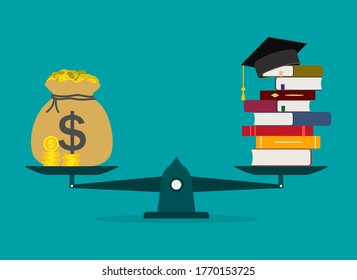 Money for education. Cost of college and invest in school. Scholarship of student. Finance loan, debt for study in university. Stack with dollar for diploma of bachelor. Value tuition concept. Vector.