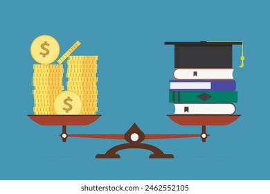 Dinero para educación. Costo de la universidad e invertir en la escuela. Beca de estudiante. Tarifas de matrícula, concepto. Préstamo financiero, deuda para estudiar en la universidad. Pila de monedas de dólar para el diploma de soltero. 