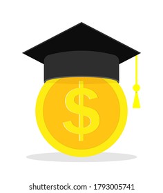 Money for education. Scholarship for tuition in college. Loan for study, graduation. Financial aid in student. icon of cost education in school, university, academy. Bachelor hat and savings. Vector.